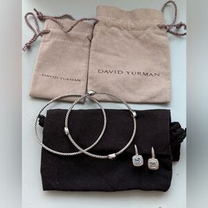 David Yurman Blue Topaz set of 2 cable bracelets & earrings with travel pouches